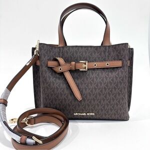 New Michael Kors Emilia Small Logo Printed Canvas Satchel Bag in Brown